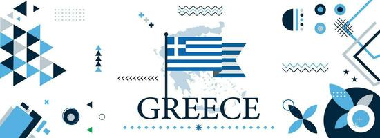 Greece national or independence day banner design for country celebration. Flag and map of Greek with modern retro design and abstract geometric icons. Vector illustration