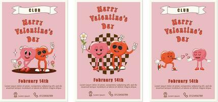 Set of retro Valentine's Day banners in 90s style. Cute cartoon hearts, lettering. vector