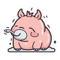 Cute pig with a spoon in its mouth. Vector illustration.