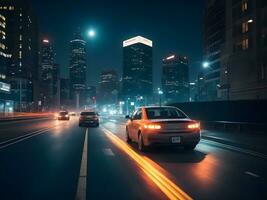 un Moviente coche en el noche ciudad ai generar foto