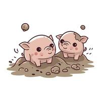 Illustration of two cute pigs in the mud on a white background vector