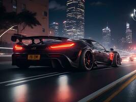 A moving sports car in the night city ai generate photo