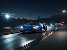 A moving sports car in the night city ai generate photo