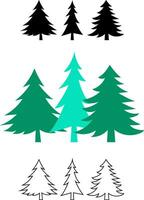 Pine tree icon set pack collection in colored style icon, black solid flat icon, and outline icon vector