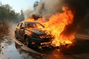 the condition of the car burning on the road professional advertising photography AI Generative photo