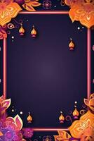 Glowing candles for Indian holiday Diwali Festival of lights on purple background. Vertical poster. Ai Generated photo