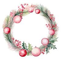 Christmas wreath of pink balls, berries and spruce branches. Watercolor illustration. Ai Generated photo