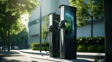 Modern fast electric vehicle car chargers. EV car charging station. Ai Generated photo