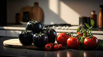 Modern black kitchen with fresh tomatoes and eggplants on the table. Ai Generated photo