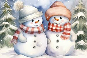 Watercolor postcard with happy couple of snowmen in a snowy forest. Cute Character. Ai Generated photo