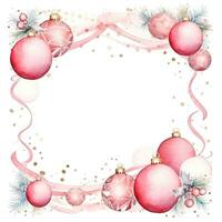 Christmas border with pink balls on white background. Watercolor Christmas and New Year background. Ai Generated photo