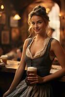 Octoberfest waitress with beer and barrel on bar background. AI Generated photo