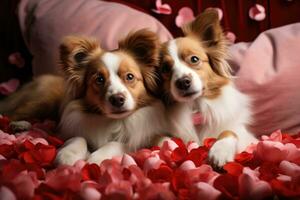 two sweet puppies with flowers and hearts. AI Generated photo