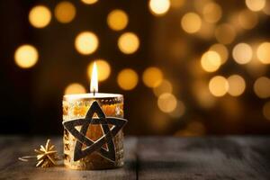 Jewish holiday Hanukkah, candles on blue background. AI Generated photo