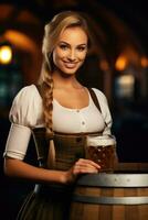 Octoberfest waitress with beer and barrel on bar background. AI Generated photo