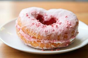 Valentine's Day heart shape pink donut with sprinkles. AI Generated photo