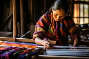 Master weaver is weaving fabric . AI Generated photo