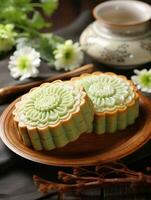Chinese mid autumn festival mooncake on wooden table, AI Generated photo