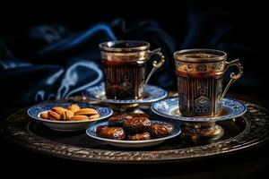 coffee and dates on metal tray. AI Generated photo