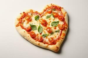 corazón conformado Pizza en blanco antecedentes. ai generado foto