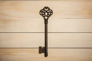 vintage rusty old key on wooden background. AI Generated photo