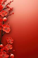 Chinese new year decorations with sakura flowers on red background. AI Generated photo