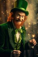 character Irish leprechaun with a red natural beard in a green suit and green hat. AI Generated photo