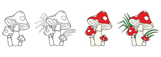Family of mushrooms with red cap and white dots in the grass. Page for  children's coloring book. Amanita on white background. Vector illustration