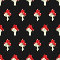 Mushroom seamless pattern. Amanita Muscaria fly agaric texture design for textile, wrapping paper. Magic wonderful mushroom backdrop. Vector illustration on black background