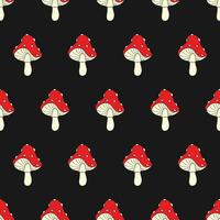 Mushroom seamless pattern. Amanita Muscaria fly agaric texture design for textile, wrapping paper. Magic wonderful mushroom backdrop. Vector illustration on black background