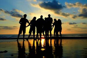 empresa trabajadores después equipo edificio reunión, silueta cerca playa. ai generado foto