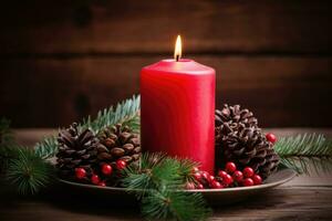 red burning candle on the first Sunday in advent. AI Generated photo