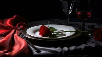 Table setting for romantic dinner in restaurant. AI Generated photo