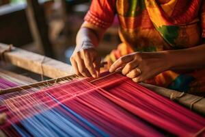 Master weaver is weaving fabric . AI Generated photo