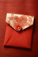 beautiful asian style red envelope on table. AI Generated photo