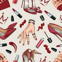 Fashion Seamless pattern with shoes, nails, manicure, makeup. Beauty Seamless Background. Seamless Pattern with Fashion Accessories. Perfect for Beauty Salon decoration, Beauty Blog, Fashion Blog vector