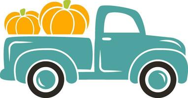 Cute pumpkin truck. Old vintage fall truck vector illustration isolated on white background. Perfect for kids shirts, apparel, signs, cards and so on