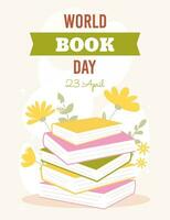 World book day vector illustration with stack of books on floral background. Flat cartoon style. Perfect for poster or banner