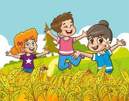 Happy children playing in wheat field. Vector illustration of kids having fun outdoors.