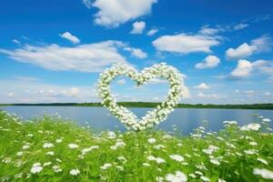 Heart shaped frame made of flowers in nice landscape. AI Generated photo