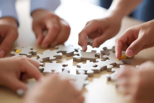 company workers assembling pieces of jigsaw puzzle in work meeting, team building concept. AI Generated photo