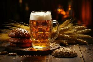 Cold lager beer in glass with wheat and hops on dark wood background top view. AI Generated photo