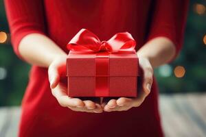hands holding red gift box , AI Generated photo