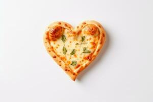 corazón conformado Pizza en blanco antecedentes. ai generado foto