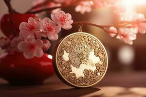 Chinese new year decorations with sakura flowers, red gift boxes and gold. AI Generated photo