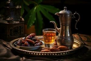 coffee and dates on metal tray. AI Generated photo