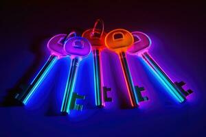 bunch of keys with neon light. AI Generated photo