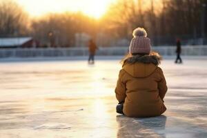 cute child wearing winter clothes and ice skates sitting on ice rink. AI Generated photo