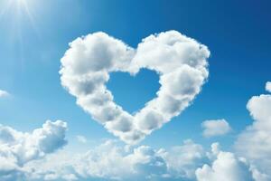 Heart shaped cloud on bright blue sky and white clouds. AI Generated photo