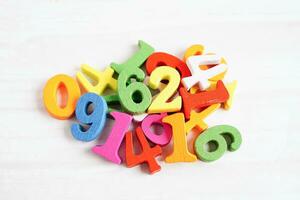 Number wood block cubes for learning Mathematic, education math concept. photo